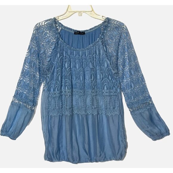 LOLA Blue Silk Lace Long Sleeve Blouse Top - Made in Italy - Picture 1 of 7